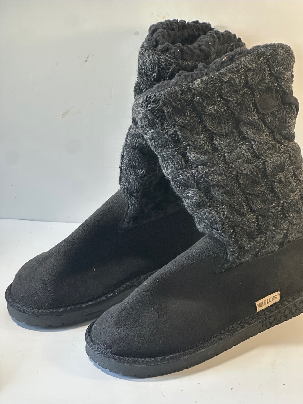 MUK LUKS Skylar Women’s 6W Black Cable Knit Faux Fur Winter Boots Cozy